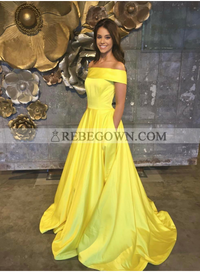 Elegant A Line Satin Yellow Off Shoulder Long Prom Dresses With Pockets 