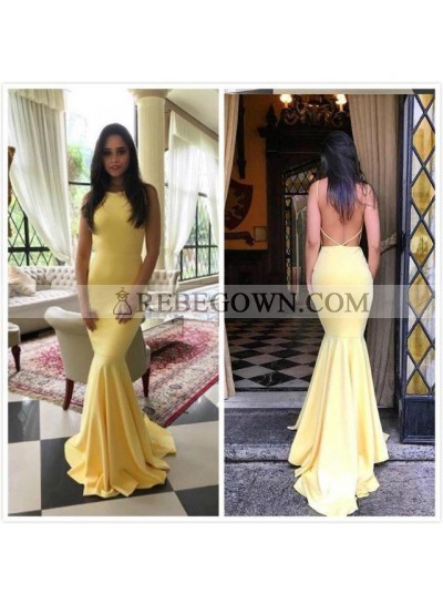 Sexy Mermaid  Satin Light Yellow Backless Long Prom Dresses 2023