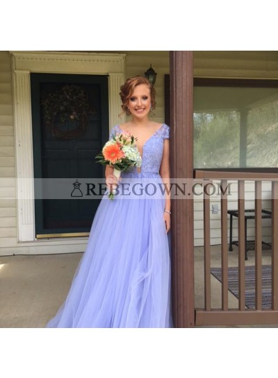 Cheap A Line Tulle Lavender Short Sleeves V Neck Lace Prom Dresses 2023