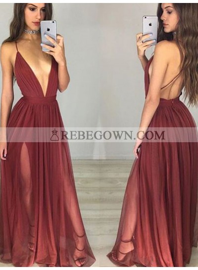Charming A Line Burgundy Deep V Neck Backless Side Slit Halter 2023 Prom Dresses