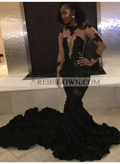Sexy Black Mermaid  See Through Long Train Long Sleeves Ruffles Prom Dresses 2023
