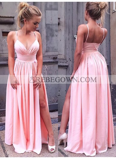 Cheap A Line Sweetheart Spaghetti Straps Pink Side Slit Satin Prom Dresses 2023