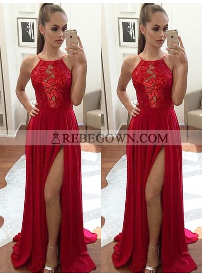 Charming Red A Line Elastic Satin Side Slit Halter Lace Backless Prom Dresses 2023