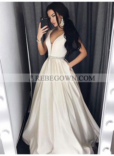2023 Elegant A Line Satin White V Neck Beaded Sash Prom Dresses