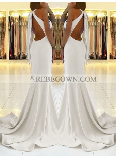 2023 Charming White Sheath Side Slit Lace Up Back Backless Halter Prom Dresses