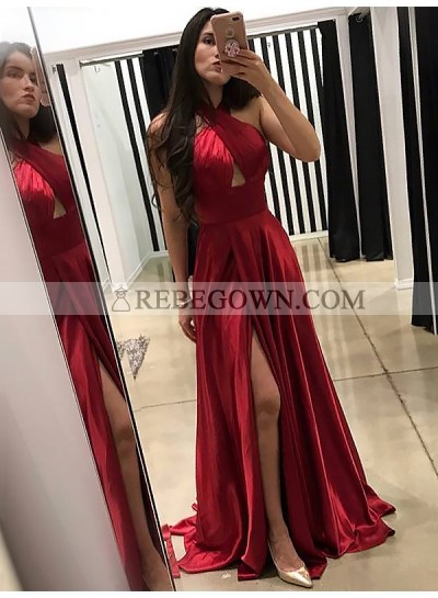 2023 Charming A Line Red Elastic Satin Side Slit Halter Backless Long Prom Dresses