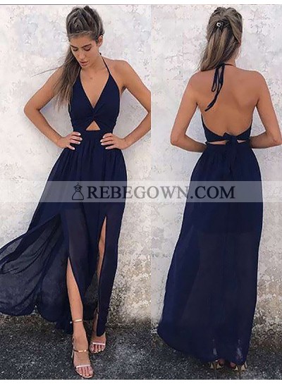 2023 Cheap A Line Chiffon Dark Navy V Neck Halter Backless Lace Up Back Prom Dresses