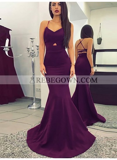 2023 Sexy Mermaid  Grape Sweetheart Criss Cross Satin Backless Long Prom Dresses