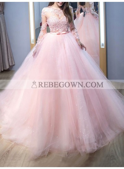 2023 Amazing Long Sleeves Tulle Pink See Through Ball Gown Prom Dresses With Appliques