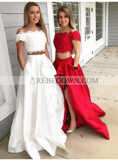 2023 New Arrival A Line Satin Red And White Off Shoulder Lace Side Slit Two Pieces Long Prom Dresses