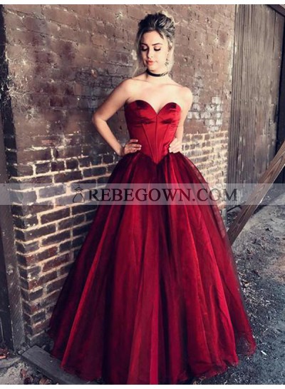 2023 Cheap A Line Sweetheart Burgundy Organza Strapless Prom Dresses