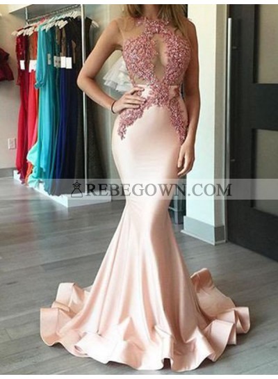 Mermaid  Pearl Pink See Through Satin Appliques Long Prom Dresses 2023