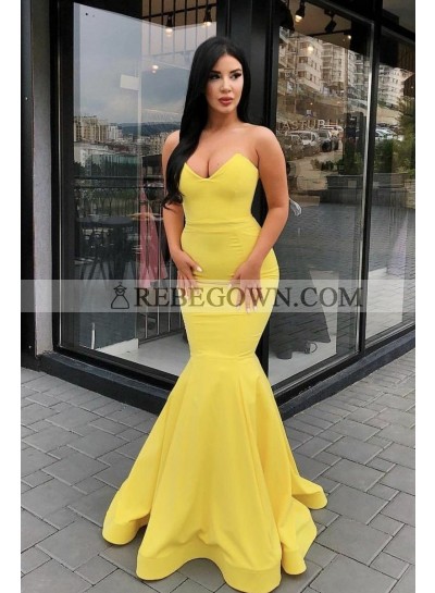 2023 Sexy Satin Mermaid  Yellow Sweetheart Satin Prom Dresses
