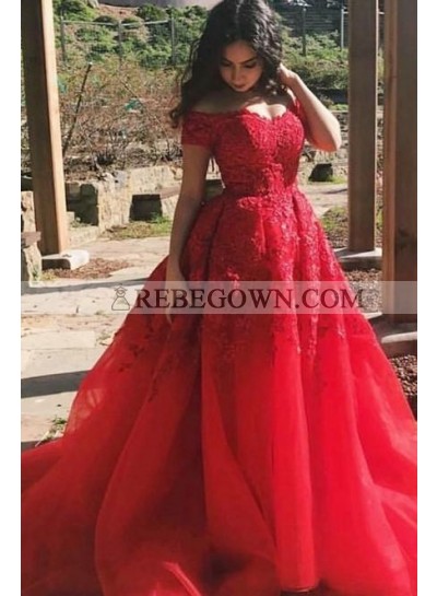 Charming A Line Red Off Shoulder Tulle With Appliques Short Sleeves Long Prom Dresses 2023