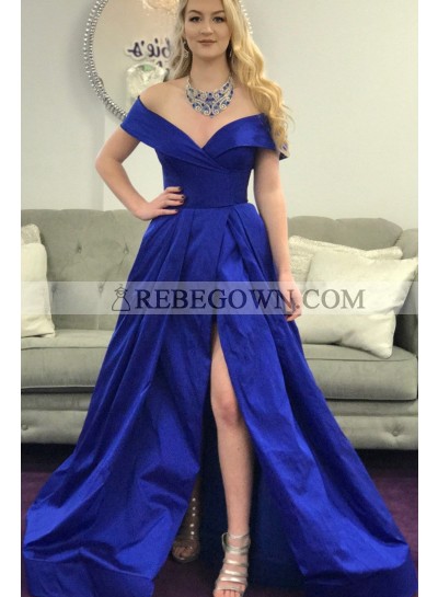 Amazing A Line Off Shoulder Royal Blue Side Slit Satin Long Prom Dresses 2023
