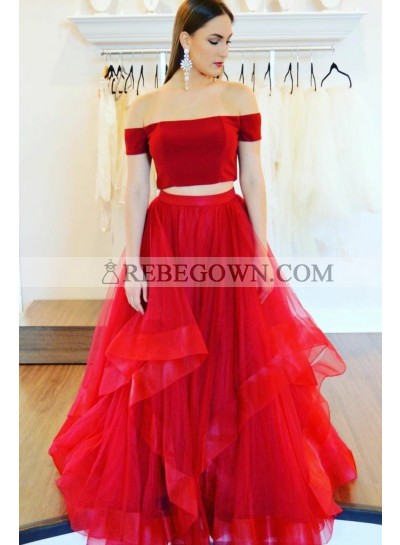 2023 New Designer A Line Red Two Pieces Tulle Off Shoulder Ruffles Prom Dresses