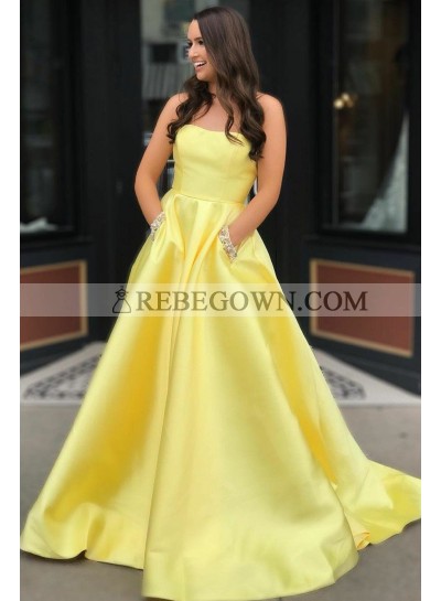 Elegant A Line Strapless Satin Daffodil Long Prom Dresses With Pockets 2023