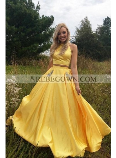 2023 Elegant A Line Satin Yellow Two Pieces Prom Dresses With Pockets 