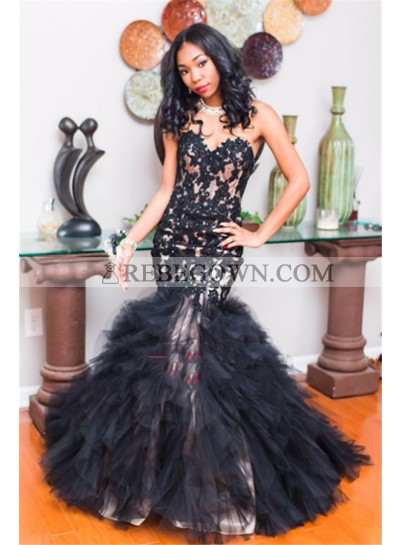 2023 Sexy Black Mermaid  Sweetheart Ruffles Prom Dresses With Appliques