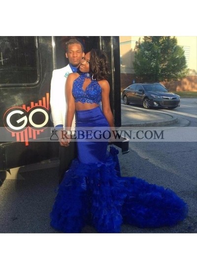 2023 Sexy Royal Blue Mermaid  Long Train High Neck Key Hole Two Pieces African American Prom Dresses