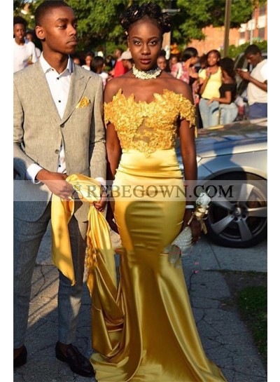 2023 Sexy Gold Off Shoulder Elastic Satin Capped Sleeves Long Prom Dresses With Appliques