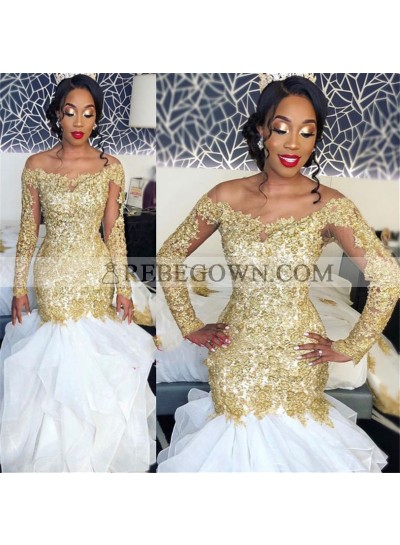 Amazing White And Gold Appliques Long Sleeves Off Shoulder Ruffles Long Mermaid  Prom Dresses 2023