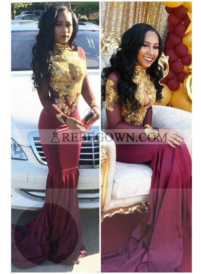 2023 Charming Mermaid  Burgundy And Gold Appliques Long Sleeves High Neck Key Hole Long African American Prom Dresses