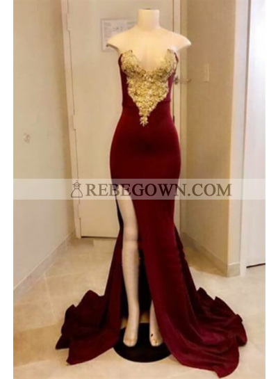 Charming Burgundy And Gold Appliques Sheath Sweetheart Side Slit Long Prom Dresses 2023