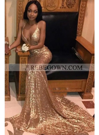2023 Charming Gold Sheath Sequence Sweetheart Halter Long African American Prom Dresses