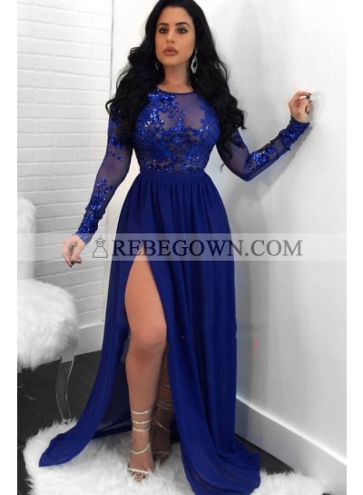 Charming A Line Side Slit Long Sleeves Chiffon Royal Blue See Through Prom Dresses 2023