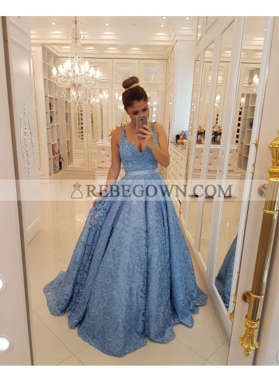 2023 New Arrival A Line Lace Sweetheart Blue Long Prom Dresses