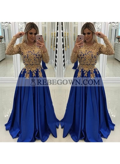 New Arrival A Line Satin Royal Blue and Gold Appliques Long Sleeves Prom Dresses 2023