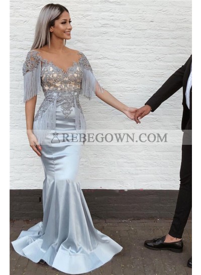 2023 New Designer Mermaid  Satin Silver Sweetheart Tassel Short Sleeves Prom Dresses