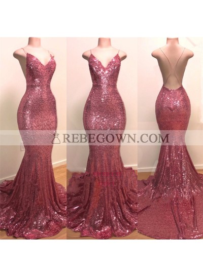 2023 Sexy Pink Sweetheart Backless Sequence Mermaid  Prom Dresses