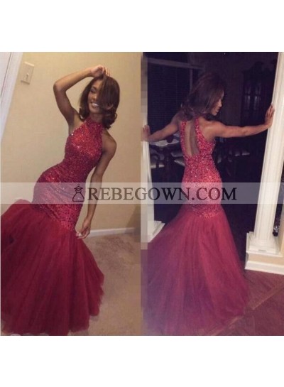 Sexy Mermaid  High Neck Red Tulle Backless Beaded African American Prom Dresses 2023