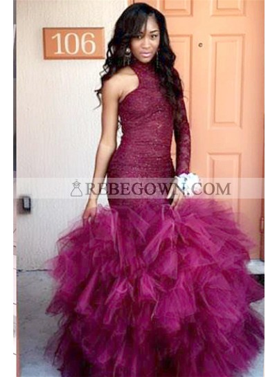 2023 Sexy Burgundy Beaded One Sleeve Mermaid  High Neck Ruffles African American Prom Dresses