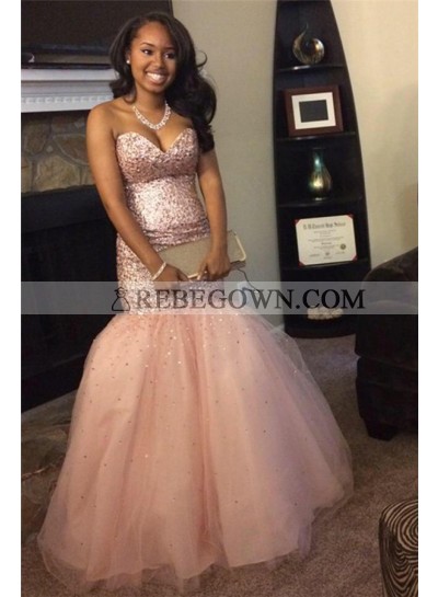 2023 Sexy Mermaid  Sweetheart Peach Beaded Tulle African American Prom Dresses