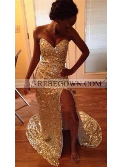 2023 Sheath Gold Sweetheart Side Slit Sequence African American Prom Dresses