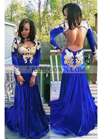 2023 New Arrival Royal Blue and Gold Mermaid  Long Sleeves Velvet Backless African American Long Prom Dresses