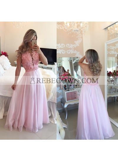 Cheap A Line Chiffon Pink Lace Backless Floor Length Prom Dresses 2023