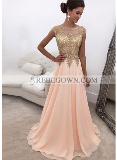 2023 Elegant Chiffon A Line Peach and Gold Appliques Prom Dresses