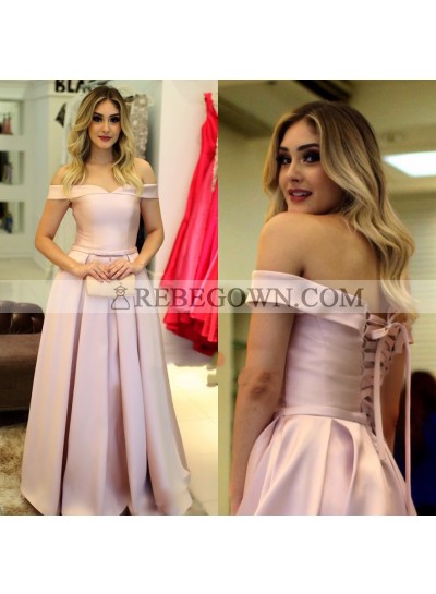 2023 Elegant A Line Satin Pink Off Shoulder Lace Up Back Long Prom Dresses