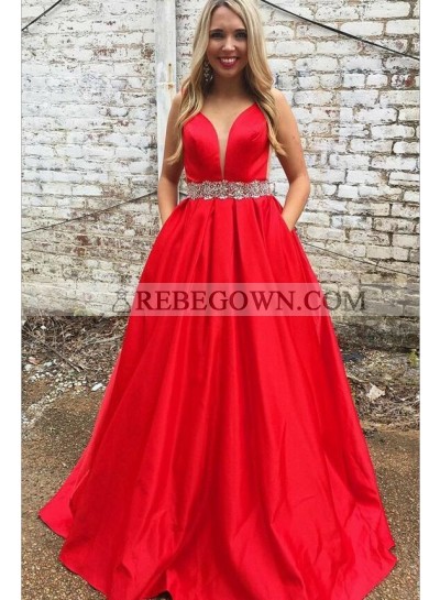 Elegant A Line Satin Red Sweetheart Beaded Sash Prom Dresses With Pockets 2023