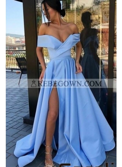 2023 Amazing A Line Side Slit Satin Off Shoulder Blue Long Prom Dresses