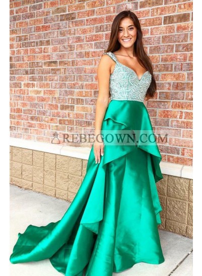2023 A Line Green Sweetheart Beaded Ruffles Elastic Satin Long Prom Dresses