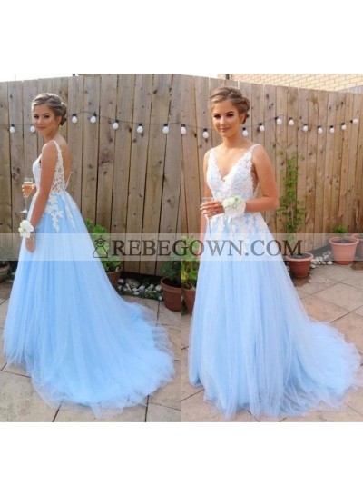 2023 Elegant A Line V Neck Tulle Blue and White Appliques Backless Prom Dresses
