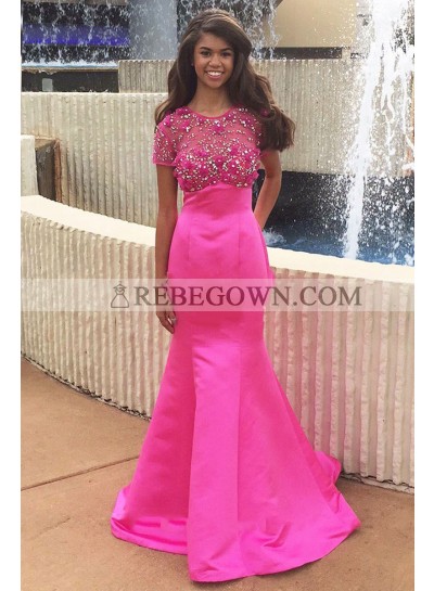 New Arrival Hot Pink Mermaid  Satin Short Sleeves Beaded African American Prom Dresses 2023