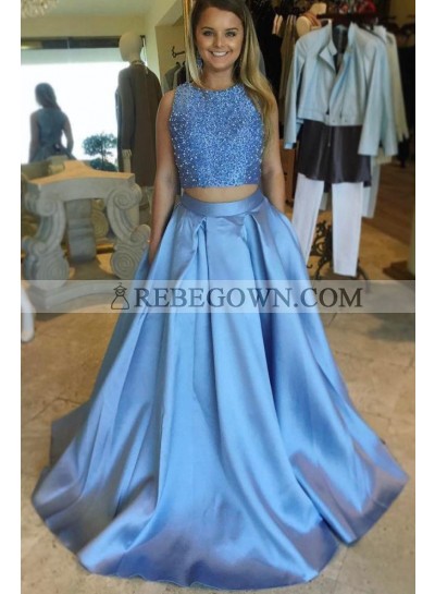 2023 Elegant A Line Satin Blue Beaded Two Pieces Sleeveless Long Prom Dresses
