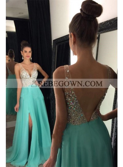 Cheap A Line Chiffon Turquoise Side Slit V Neck Beaded Backless Prom Dresses 2023