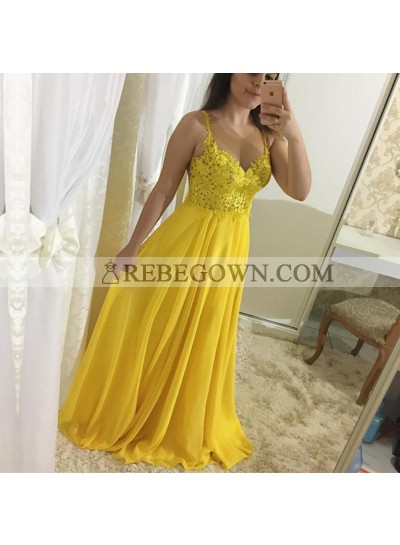 Cheap A Line Chiffon Sweetheart Yellow Lace Backless Prom Dresses 2023